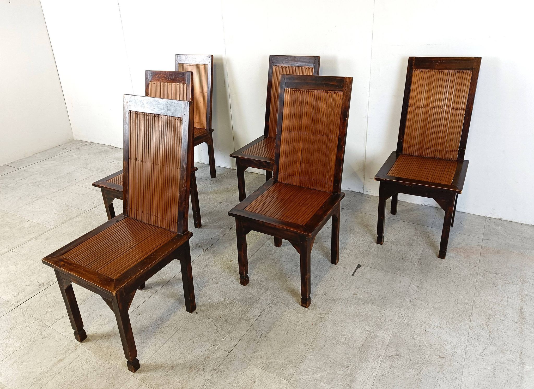 Mid-century bamboo high back dining chairs with table, 1960s