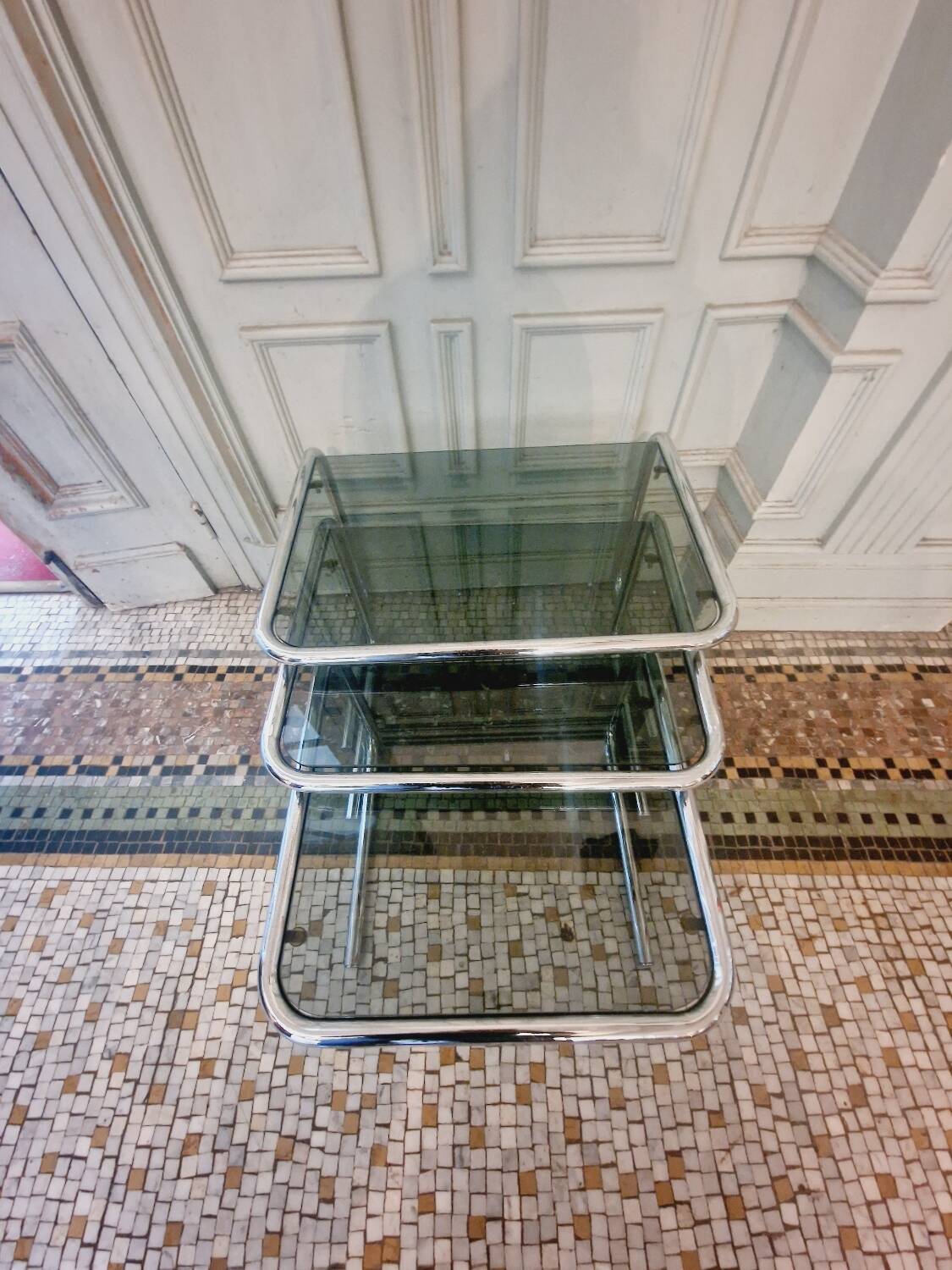Vintage chrome smoked glass nesting coffee table