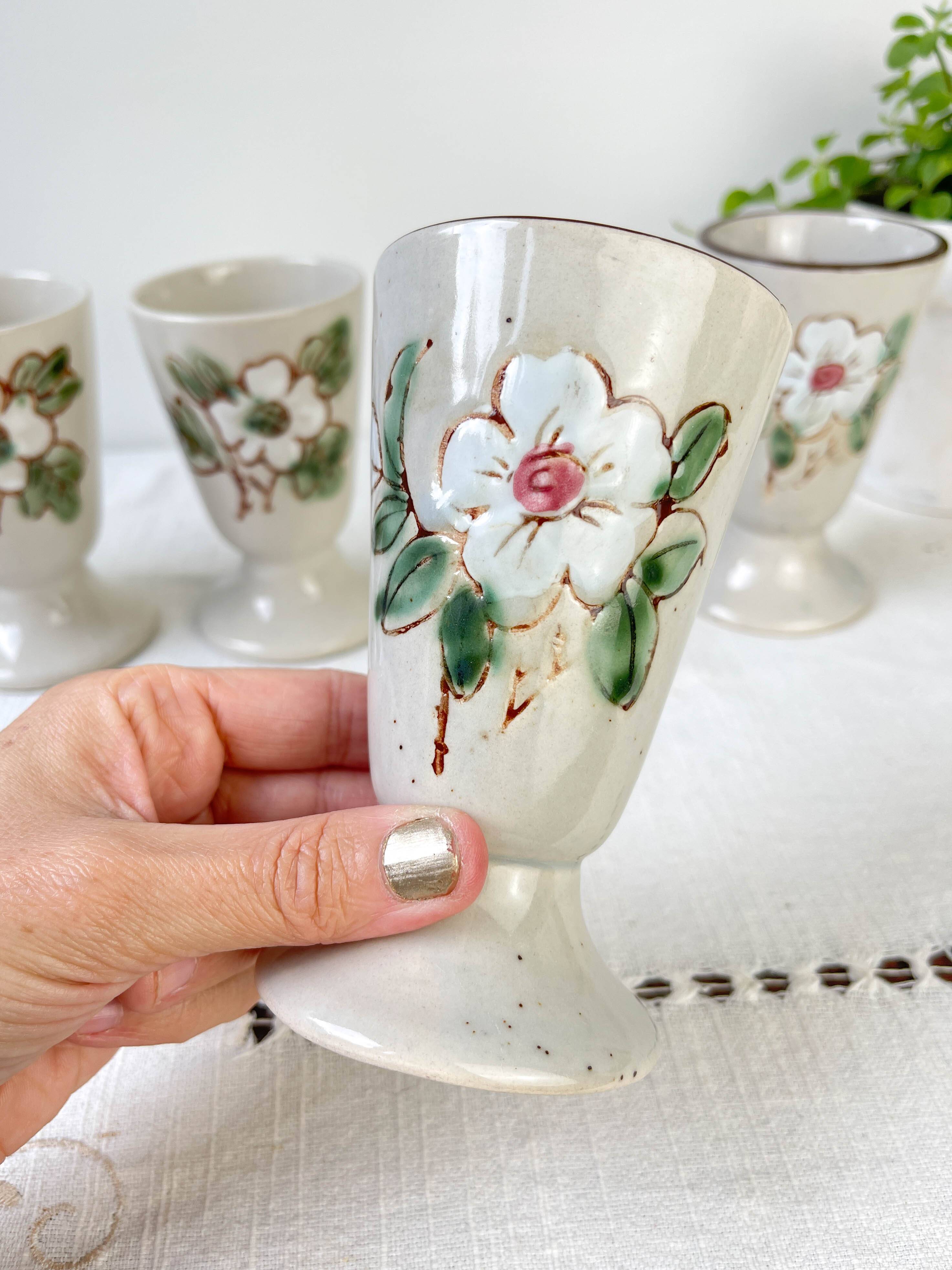 5 vintage stoneware Mazagrans with floral pattern Made in Korea 1980