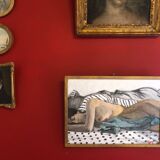 Old oil on panel depicting a nude scene with its golden frame