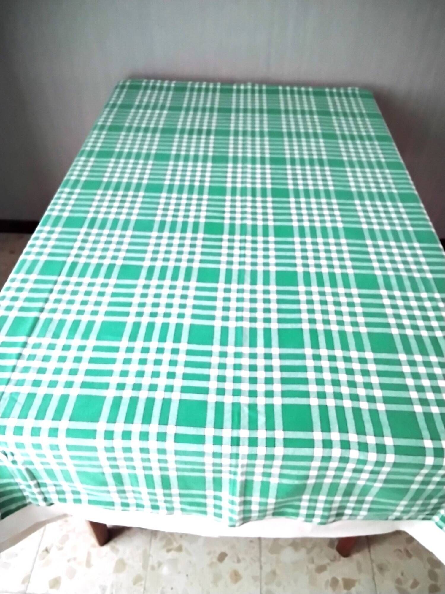 Vintage cotton tablecloth with green and white checks 1.45 x 1.65 m