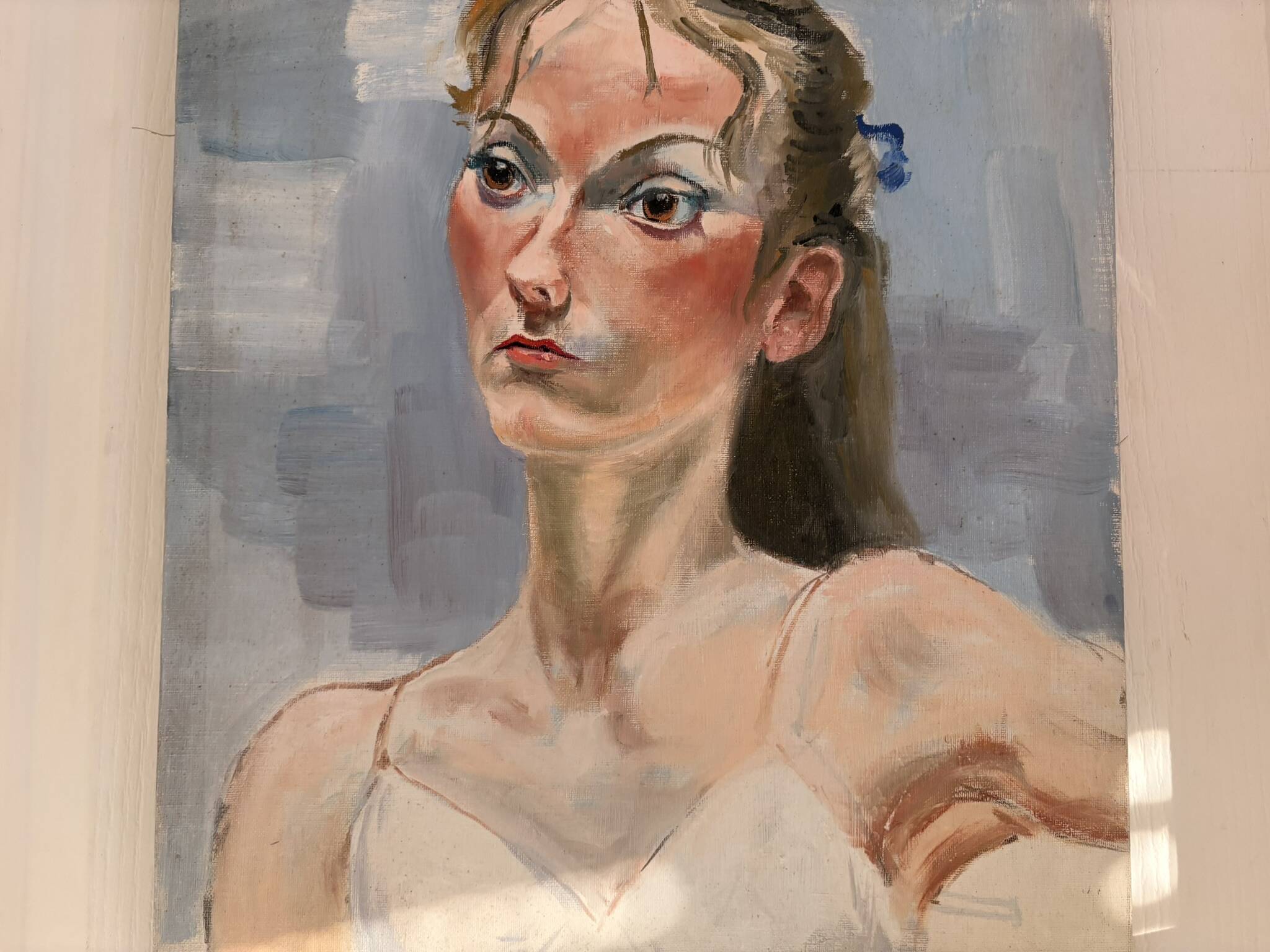 Ancien Peinture Huile Toile Femme Portrait Nue Blonde Enervée Sentiment