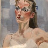 Ancien Peinture Huile Toile Femme Portrait Nue Blonde Enervée Sentiment