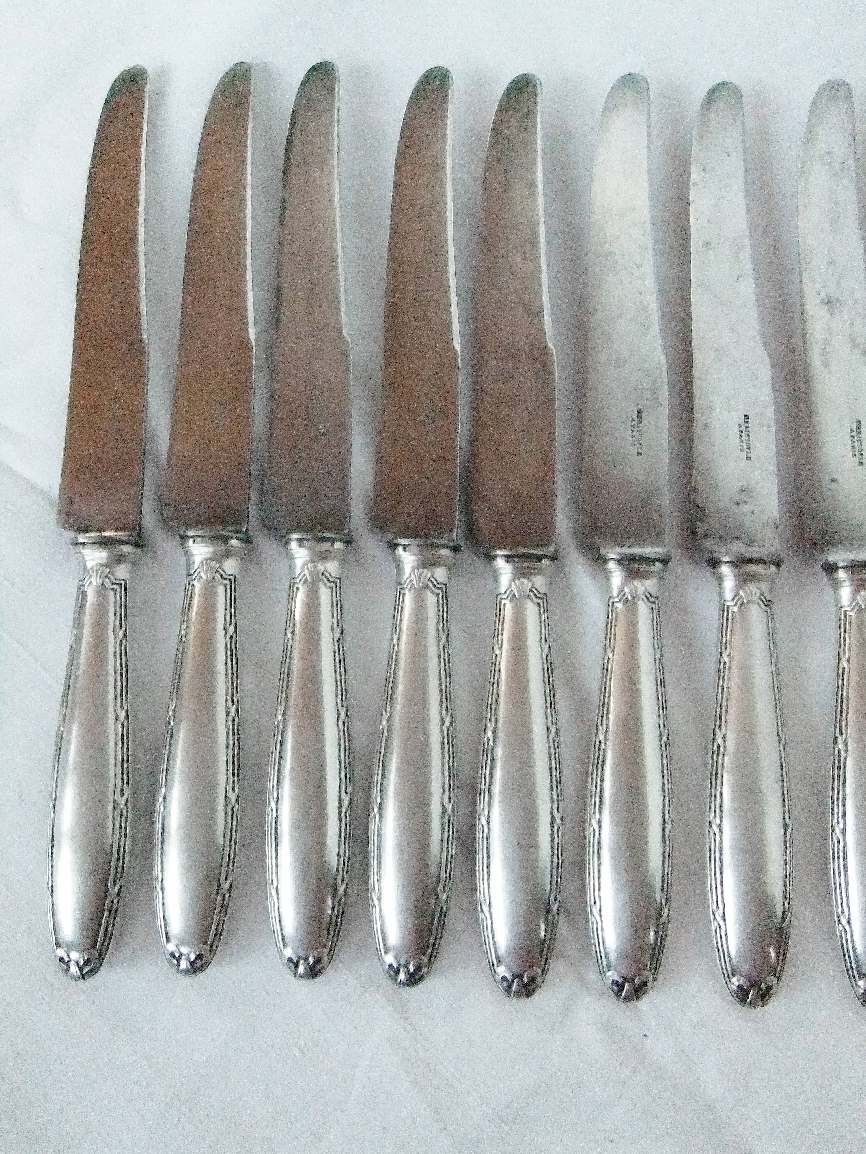 12 Christofle table knives Louis XVI bow ribbon Silver metal punch balance steel blade