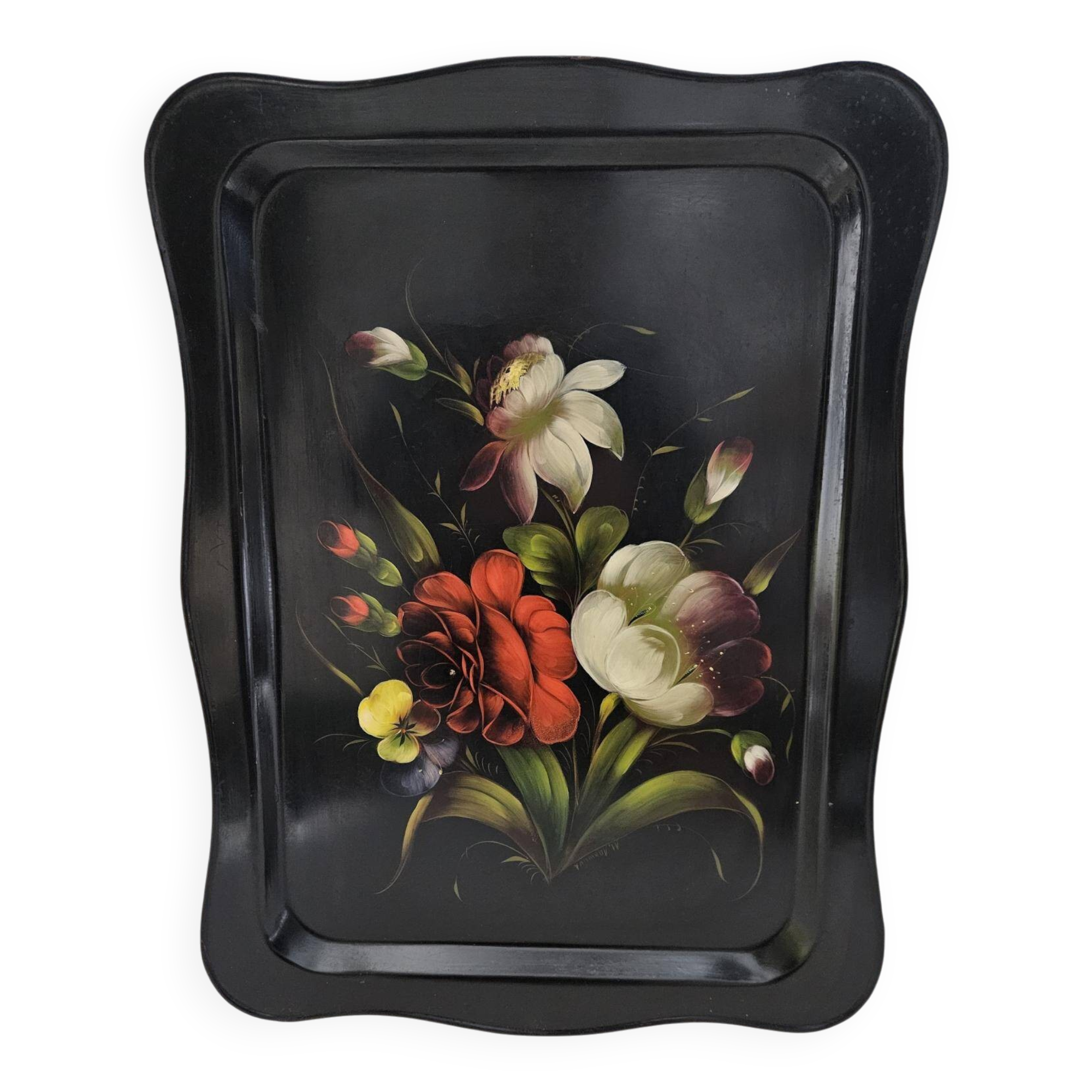 Large antique tray with flowers