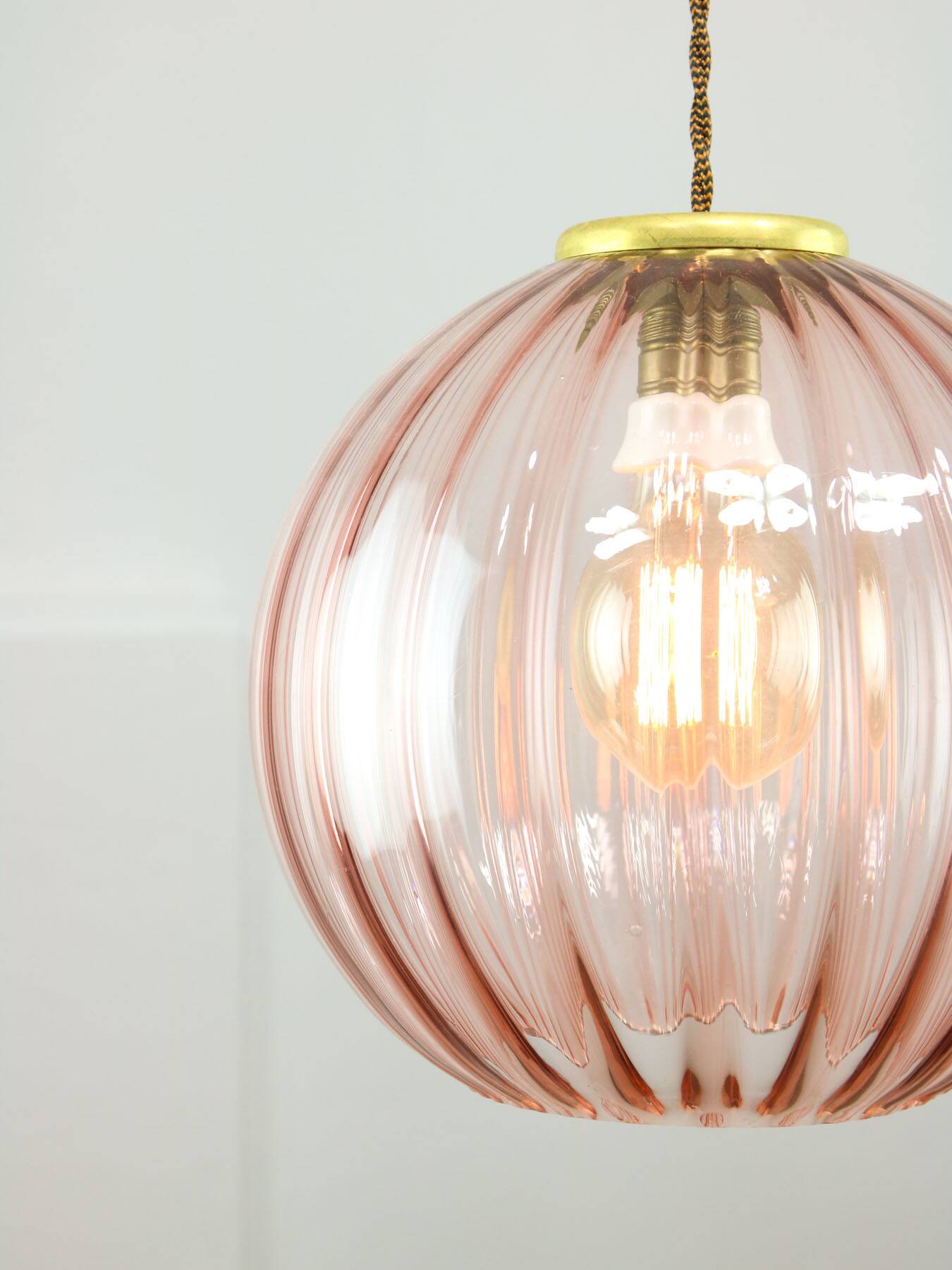 Mid-Century Italian Pink Glass and Brass Pendant Lamp