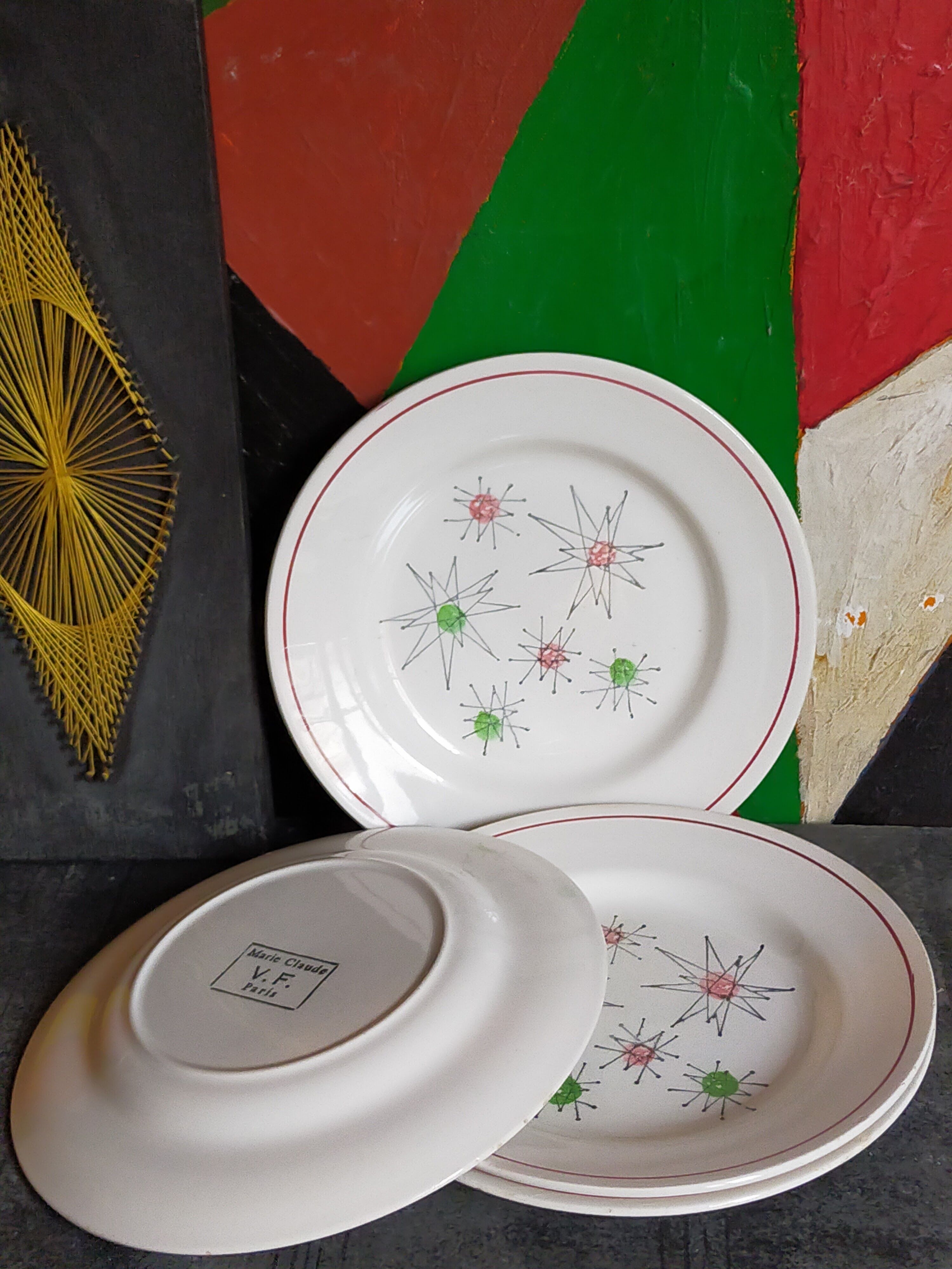 Four french earthenware dessert plates service "Marie-Claude" 50s.