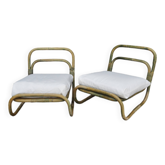 Pair of rattan and fabric armchairs, 1960s