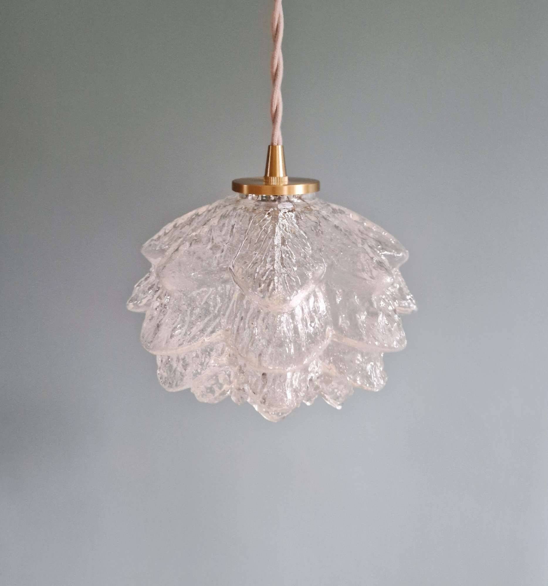 Pair of frosted glass pendant lights, artichoke-shaped, 1960s.