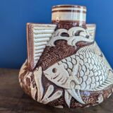 Vase poissons marron ancien années 1940 numéroté 63 18cm