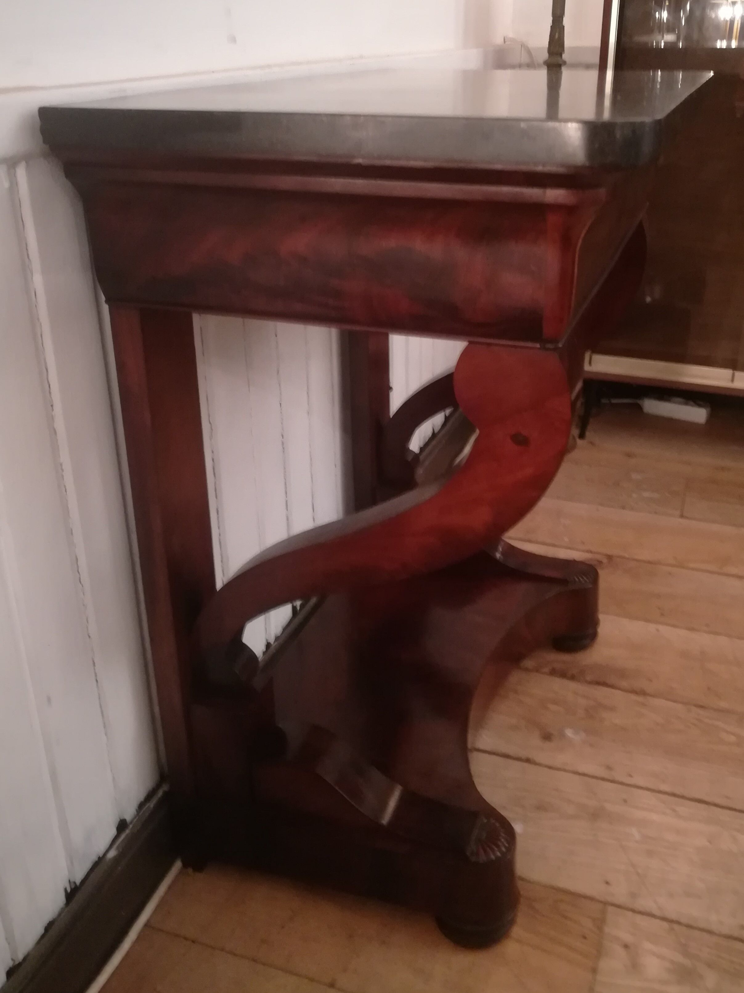 Consoles pair restoration in mahogany and black granite
