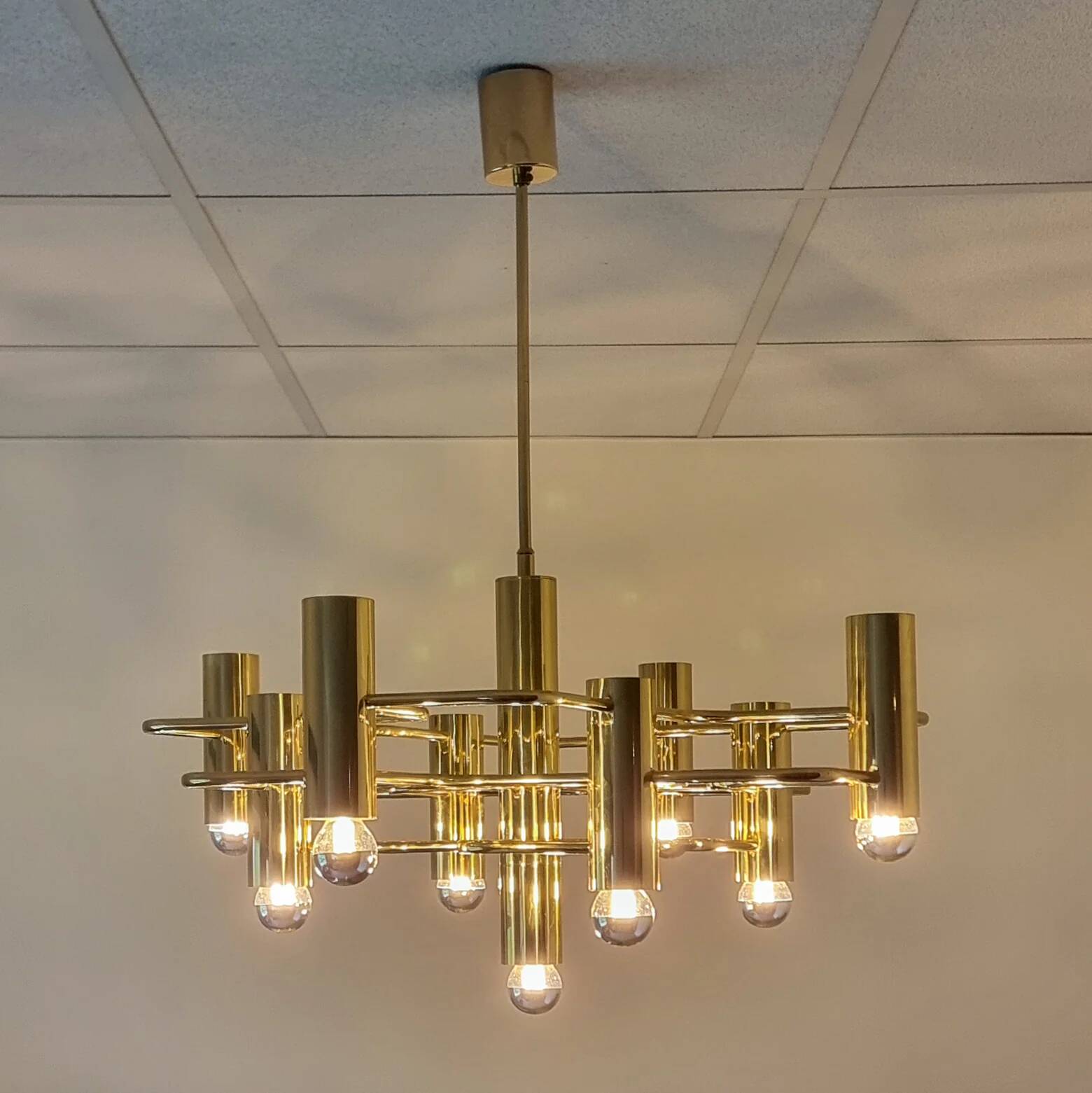 Golden brass chandelier by Gaetano Sciolari for Boulanger