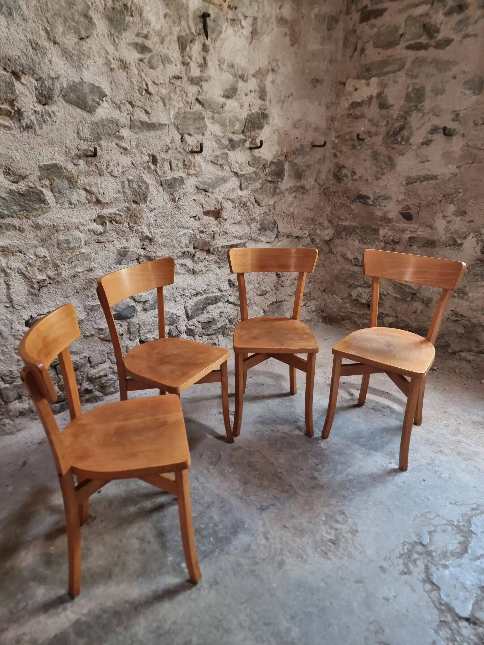 Set of 4 French bistro chairs, beech and plywood, 1960s, mid-century dining chairs.