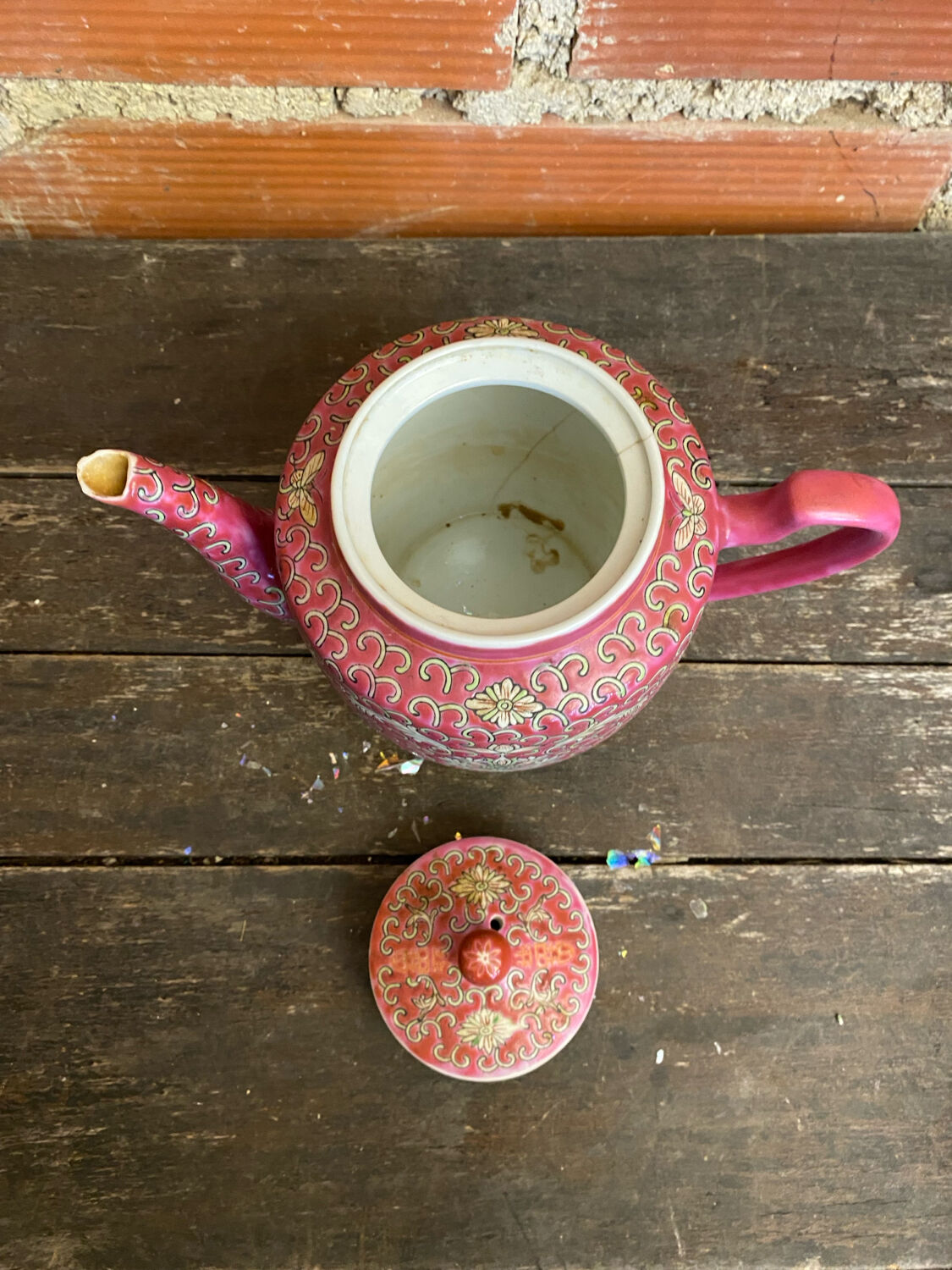 Antique MUN SHOU Teapot Pink Porcelain Flower Decor China Vintage #