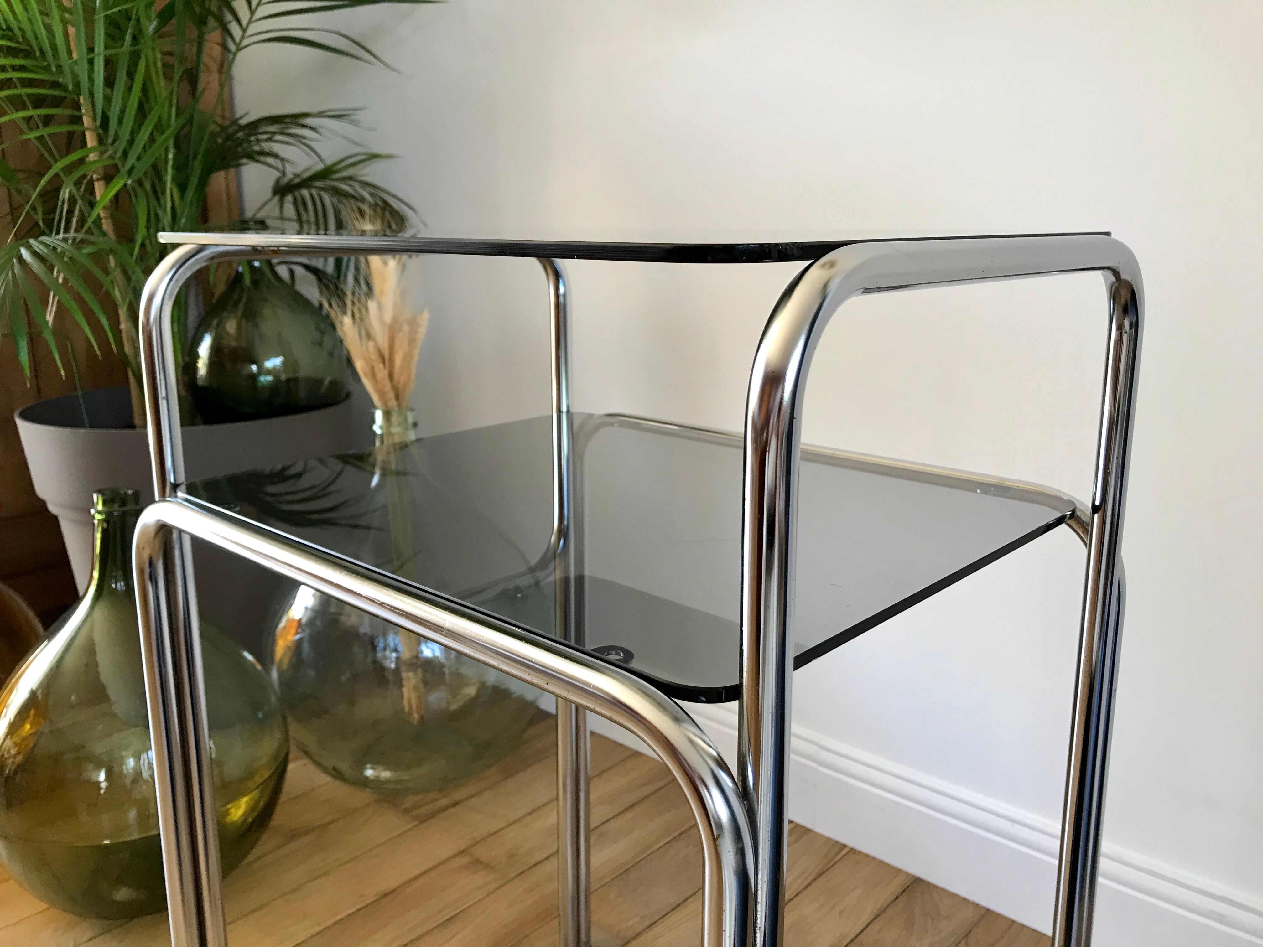 Side table in chrome and smoked glass 70s