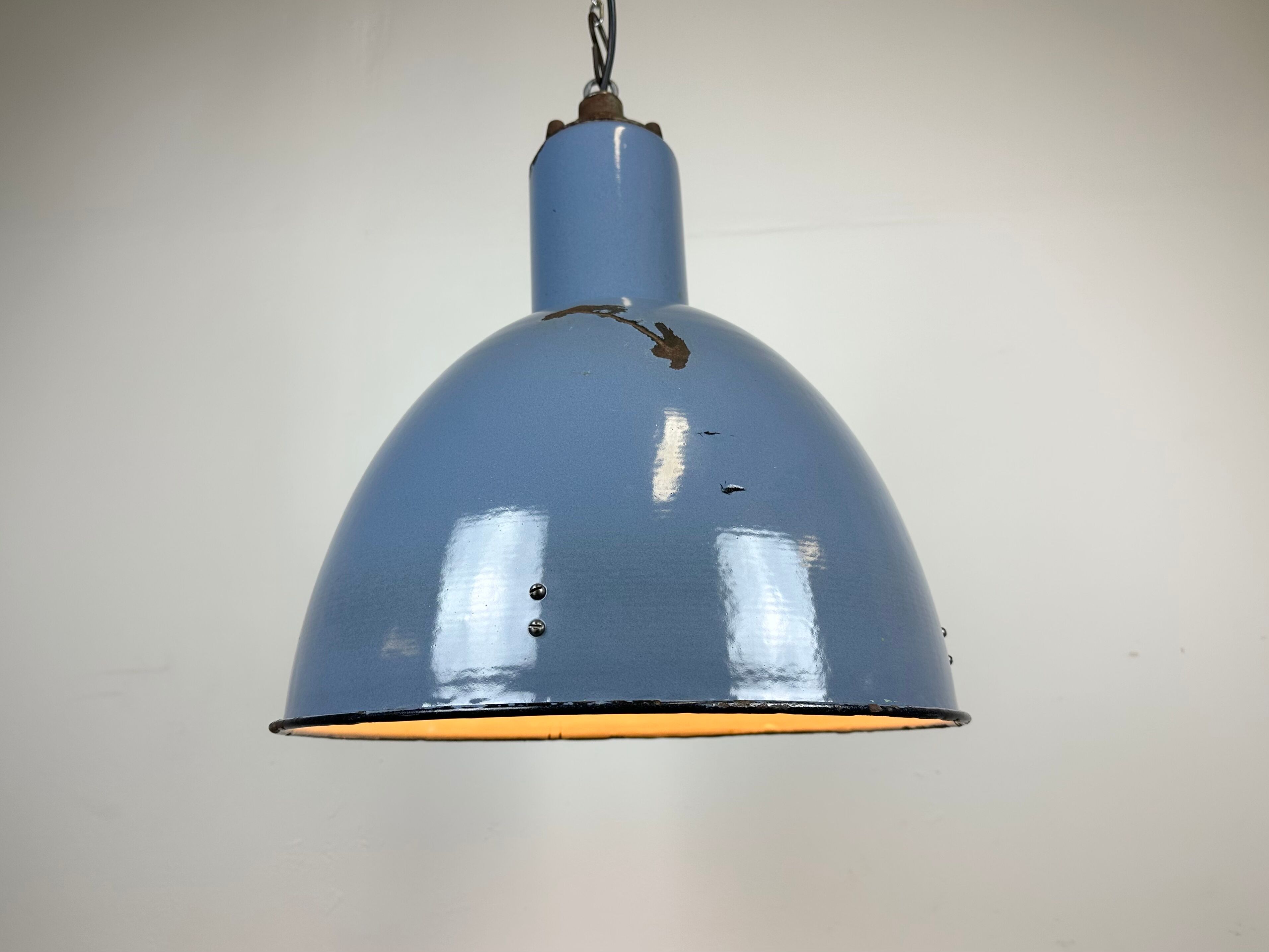 Bauhaus blue enamel industrial pendant lamp, 1950s