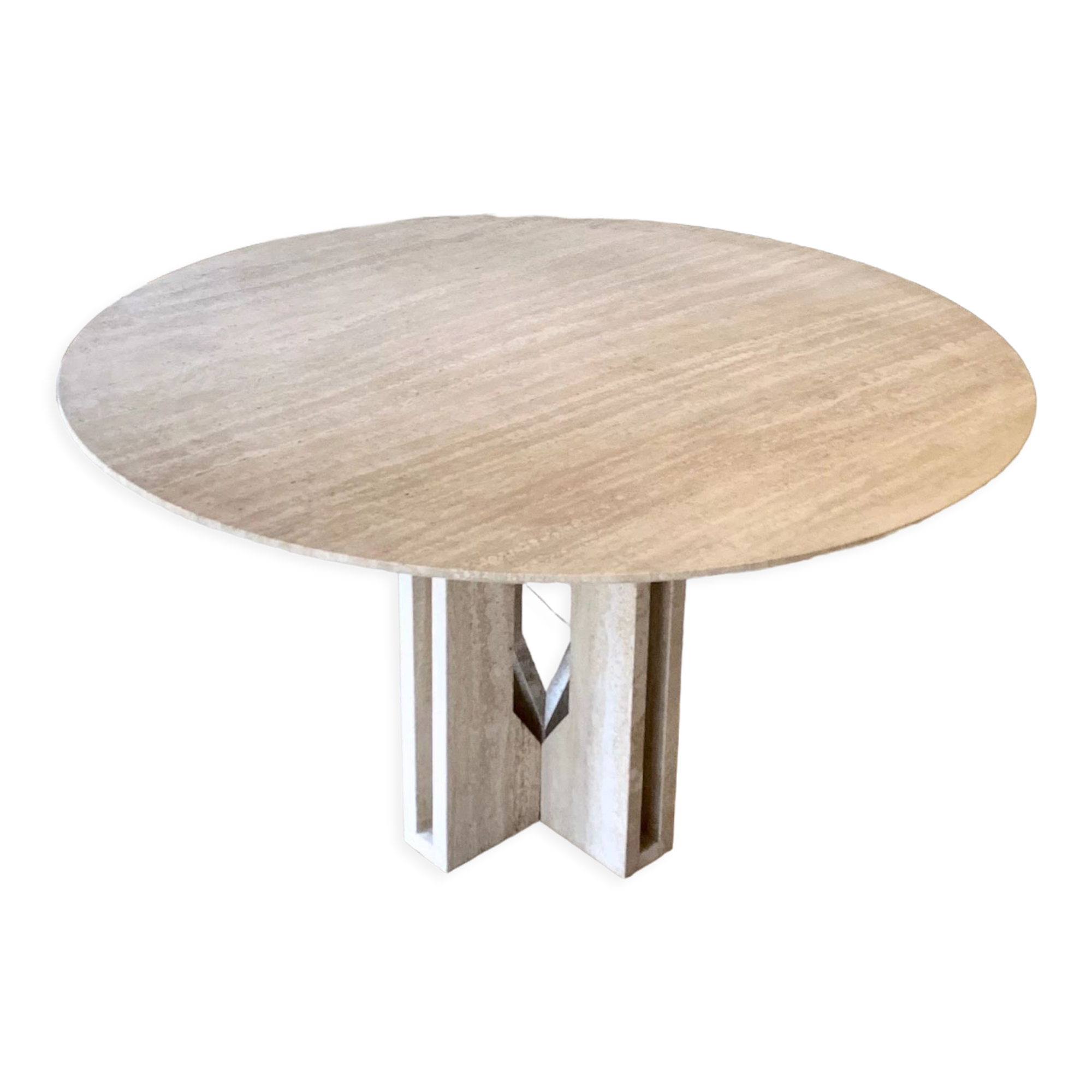 Round travertine dining table with double cross foot