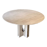 Round travertine dining table with double cross foot