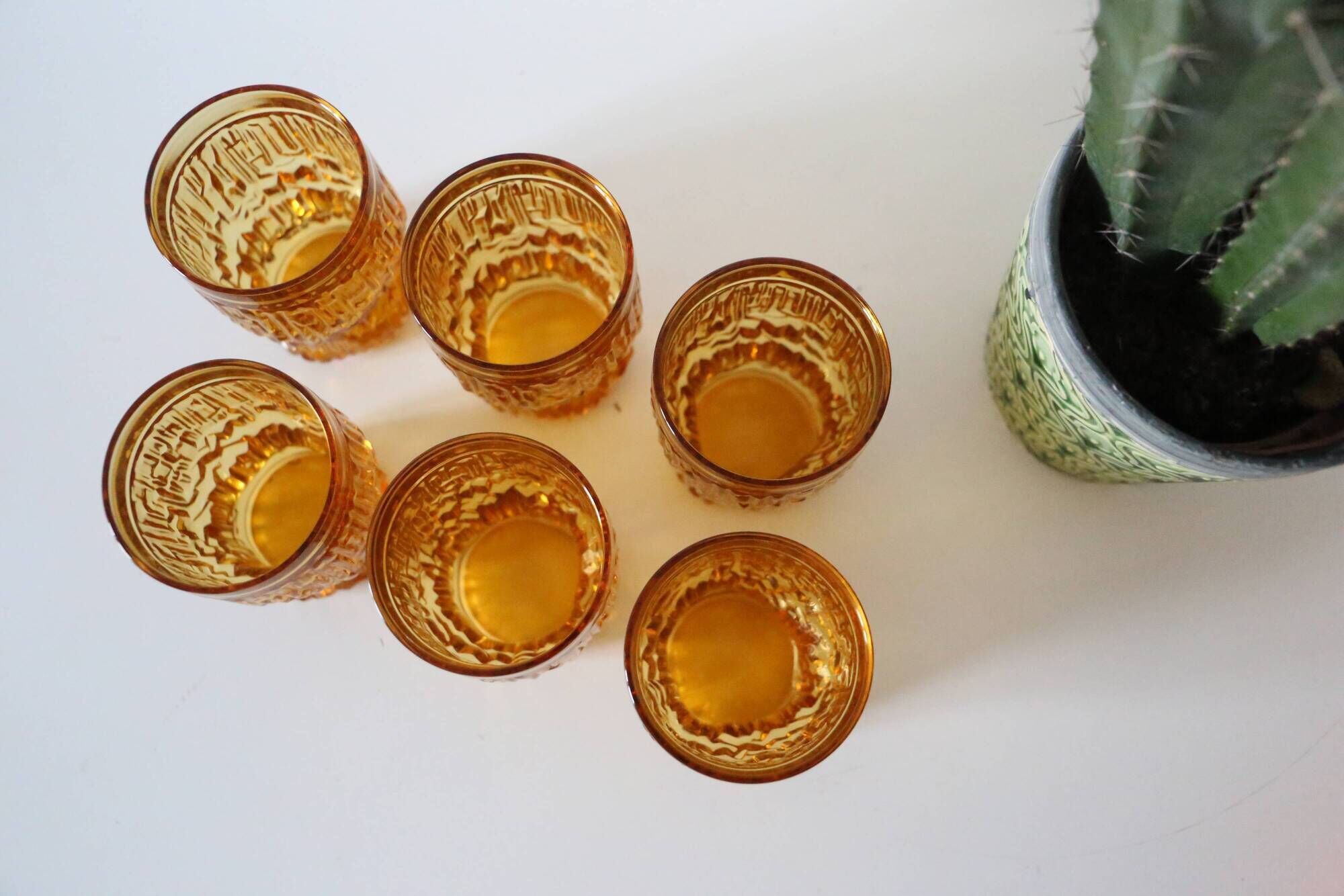 Set of 6 amber glasses, frosted effect, vintage French