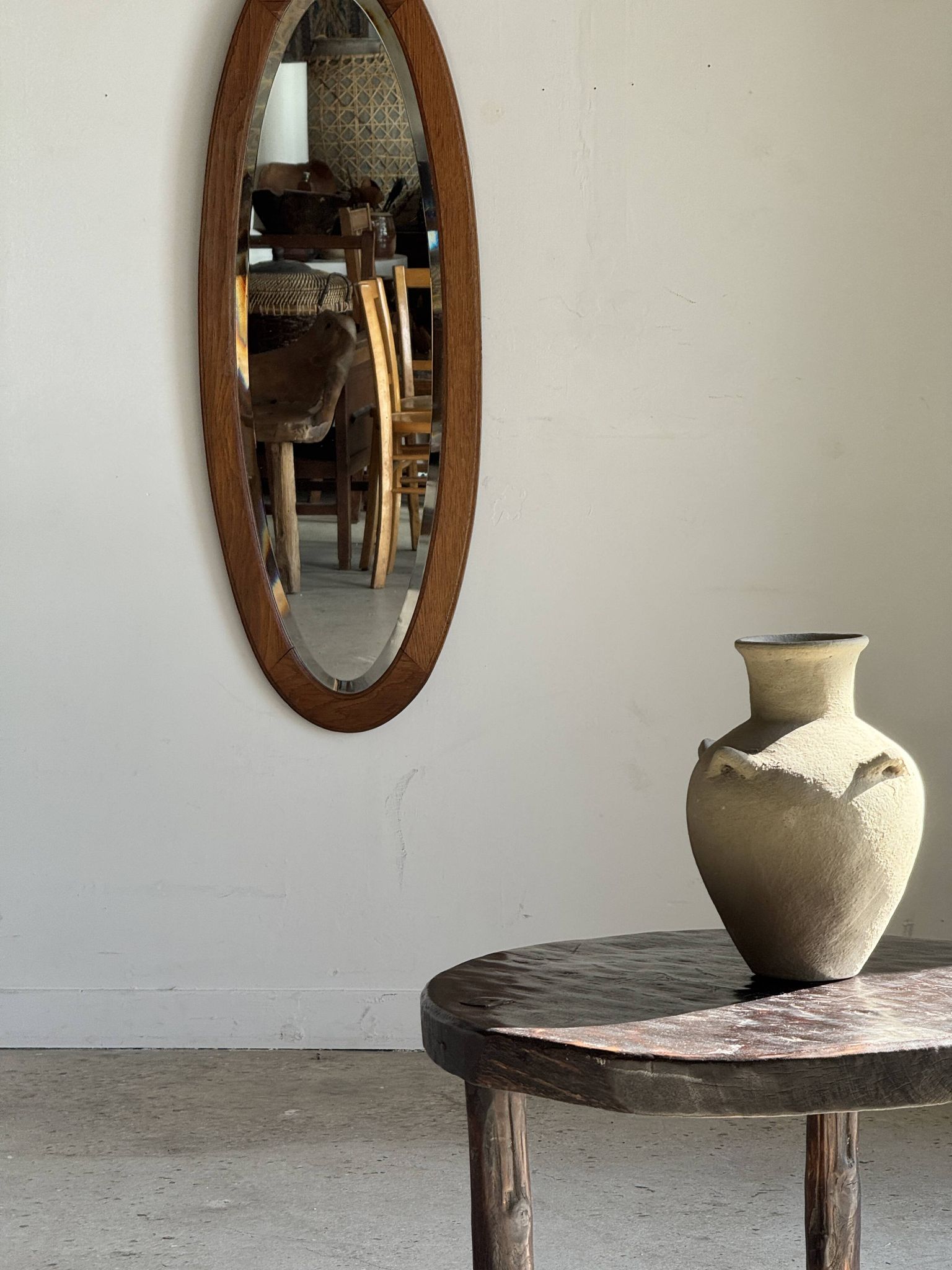 Miroir ovale vintage en chêne à glace biseautée H120 l43 P2