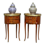 Pair of louis xv/louis xvi transition style marquetry bedside or living room tables