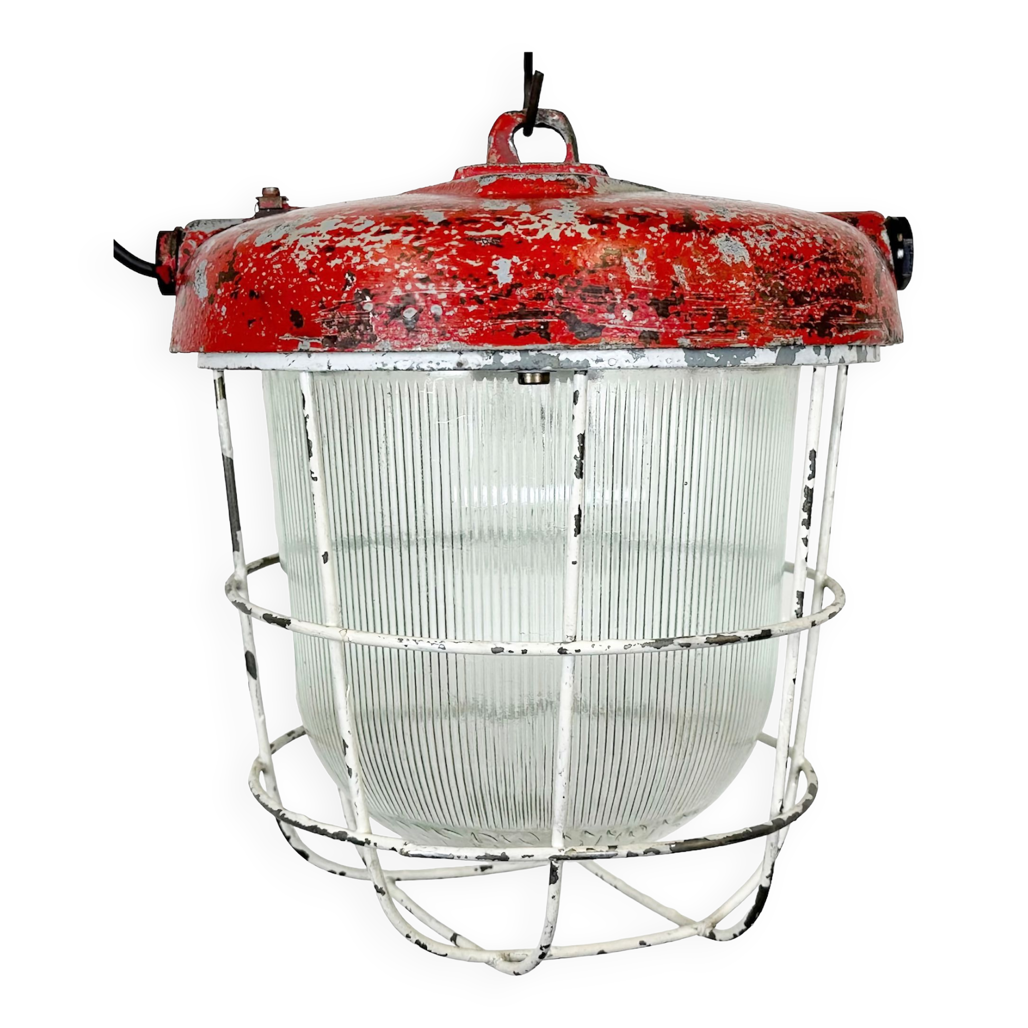 Red industrial cast iron cage pendant light, 1960s