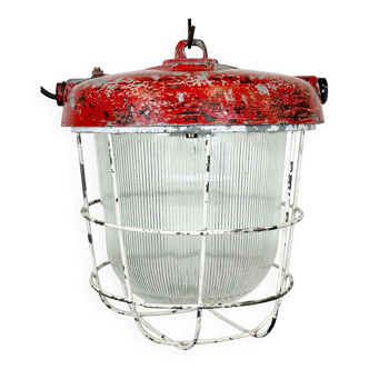 Red industrial cast iron cage pendant light, 1960s