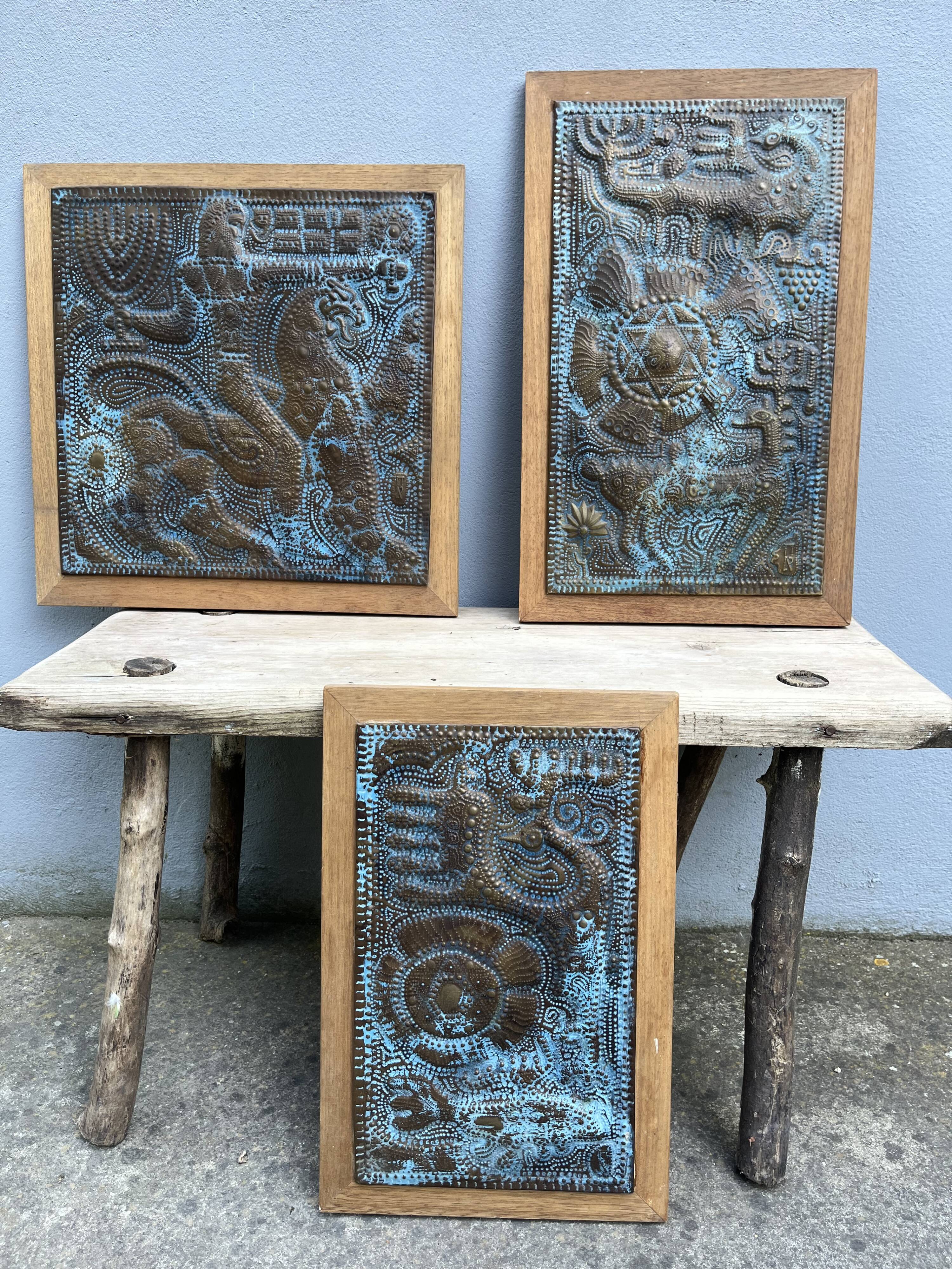 Vintage triptych in repoussé copper Judaïsa - signed