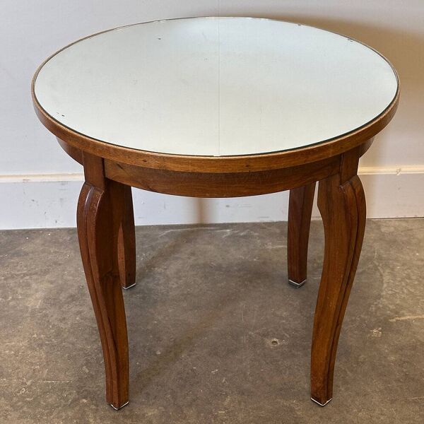 Table d'appoint Art Déco française, table ronde vintage en bois des années 1930 avec plateau en miroir