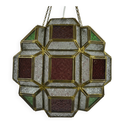 Lanterne pendante en verre pressé multicolore et laiton, Scandinavie, vers les années 1940-1950