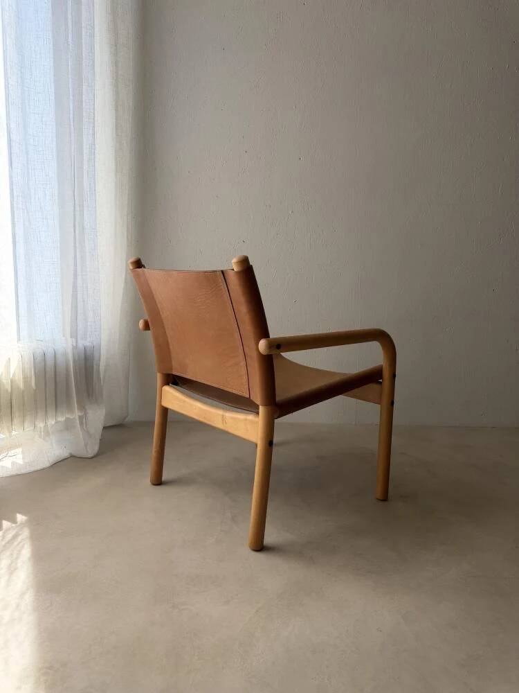 Danish safari armchair beech wood leather 1970s