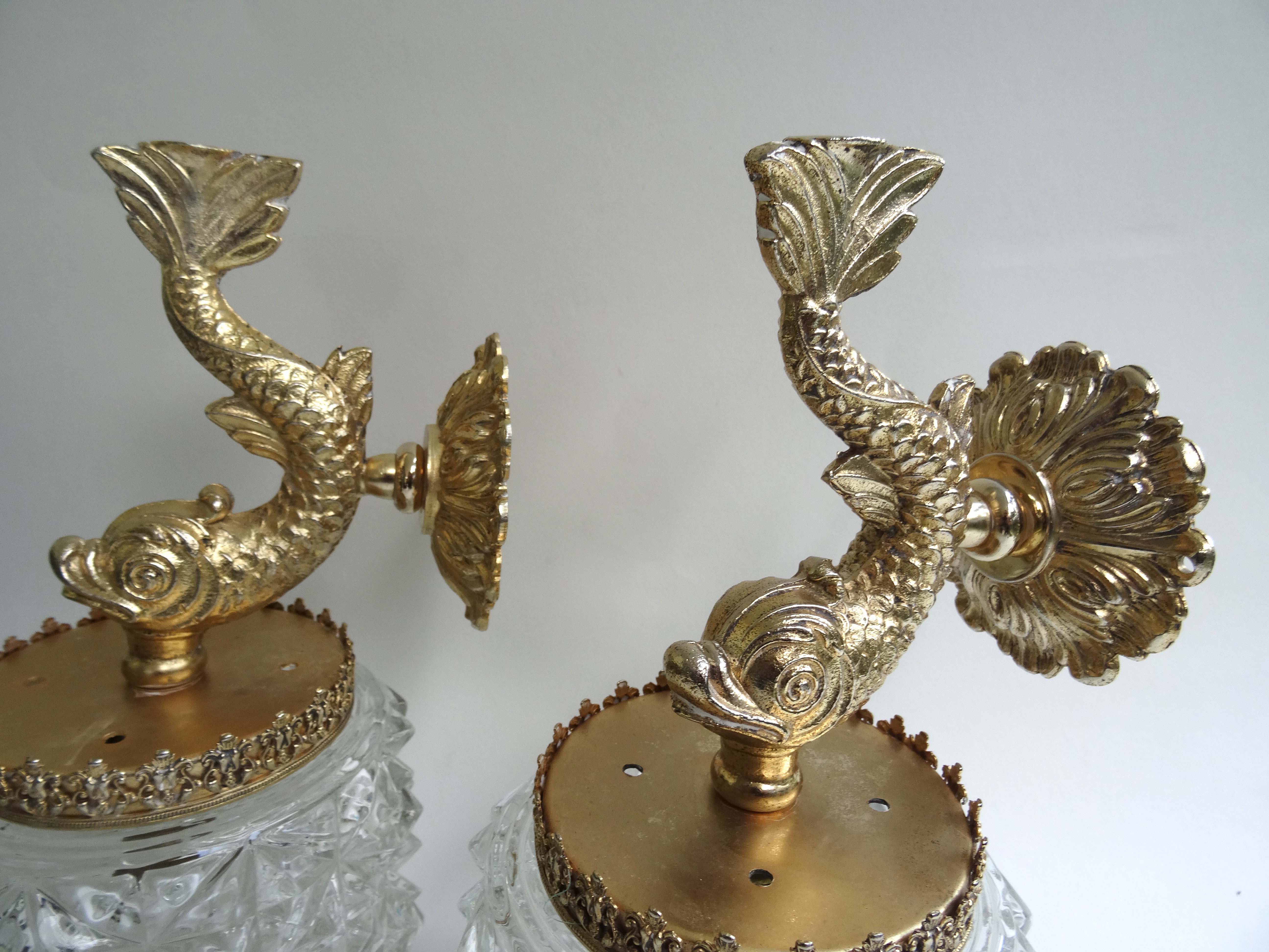 Pair of wall appliques brass fish glass