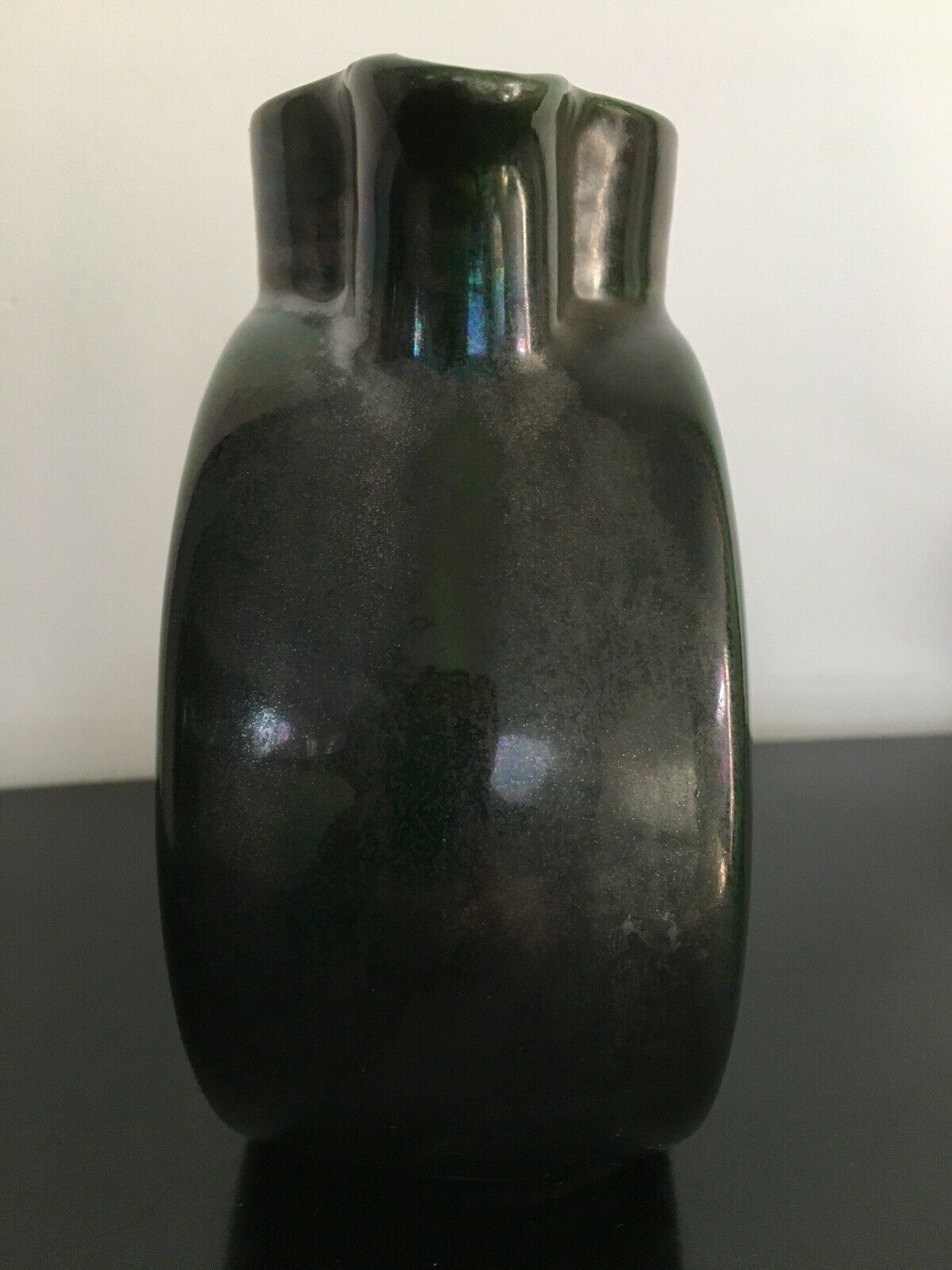 Carafe broc pitcher in green ceramic with metallic highlights