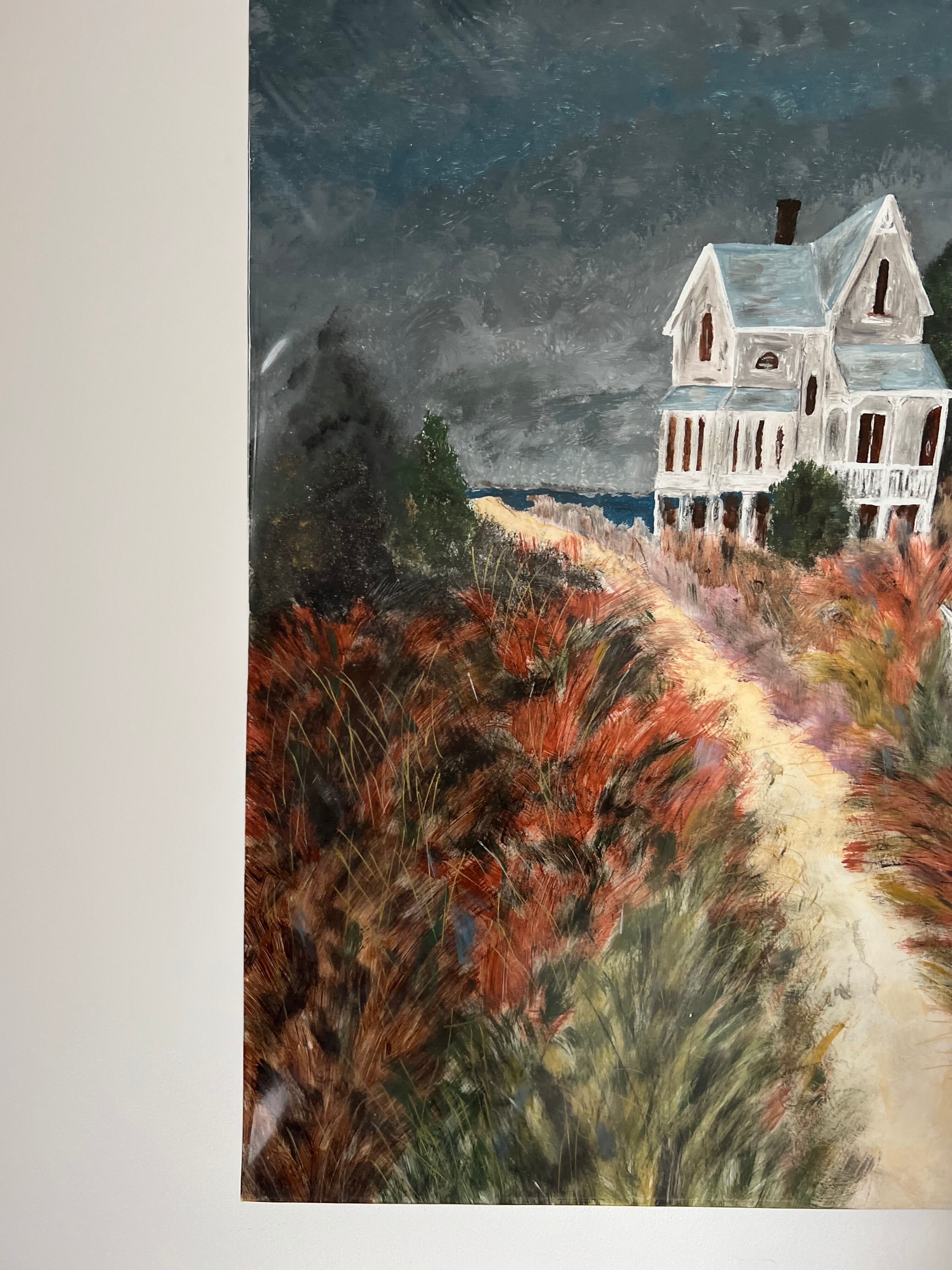 Painting of house by the sea, handmade, on thick paper