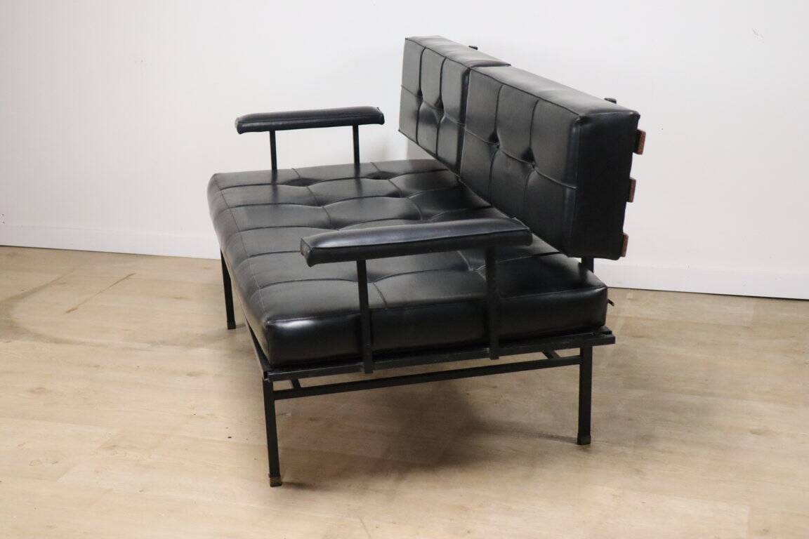 Vintage "Daybed" sofa bench in metal and imitation leather, 1950