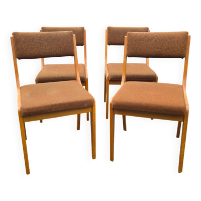 Suite de 4 chaises traîneau vintage en bois blond et tissu brun – années 60