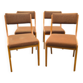 Suite de 4 chaises traîneau vintage en bois blond et tissu brun – années 60
