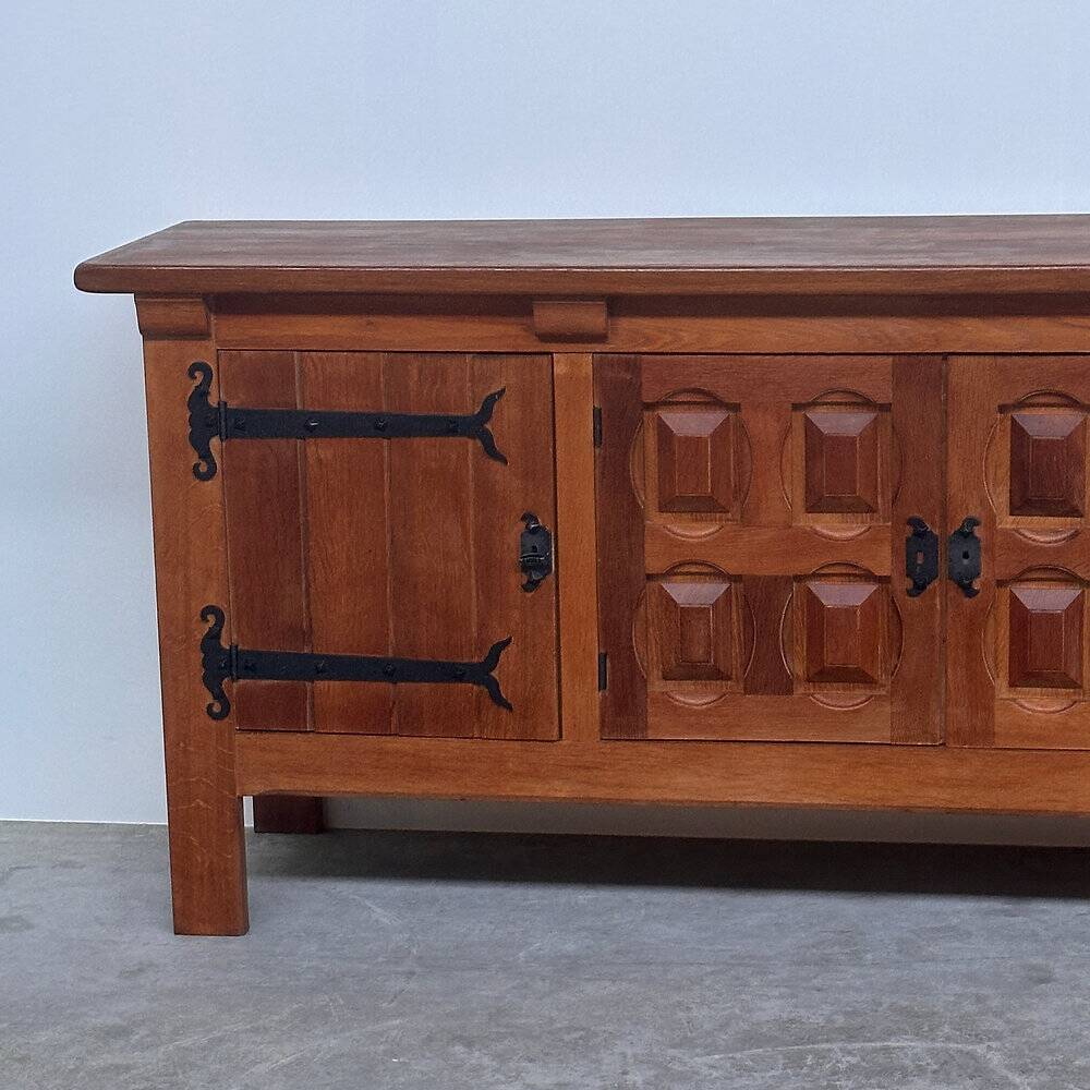 Brutalist solid oak sideboard with hand-forged iron hardware, Belgium, 1970s