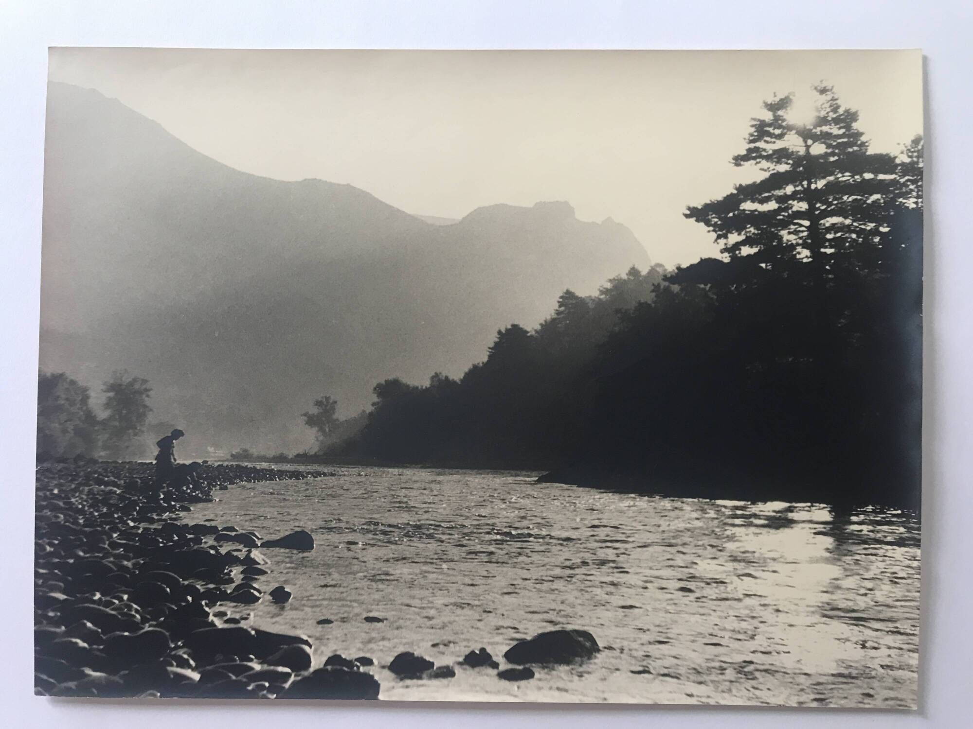 River landscape with characters, 60s/70s. Black and white silver print.