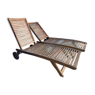 Set of 2 exotic wood chaise lounge beds