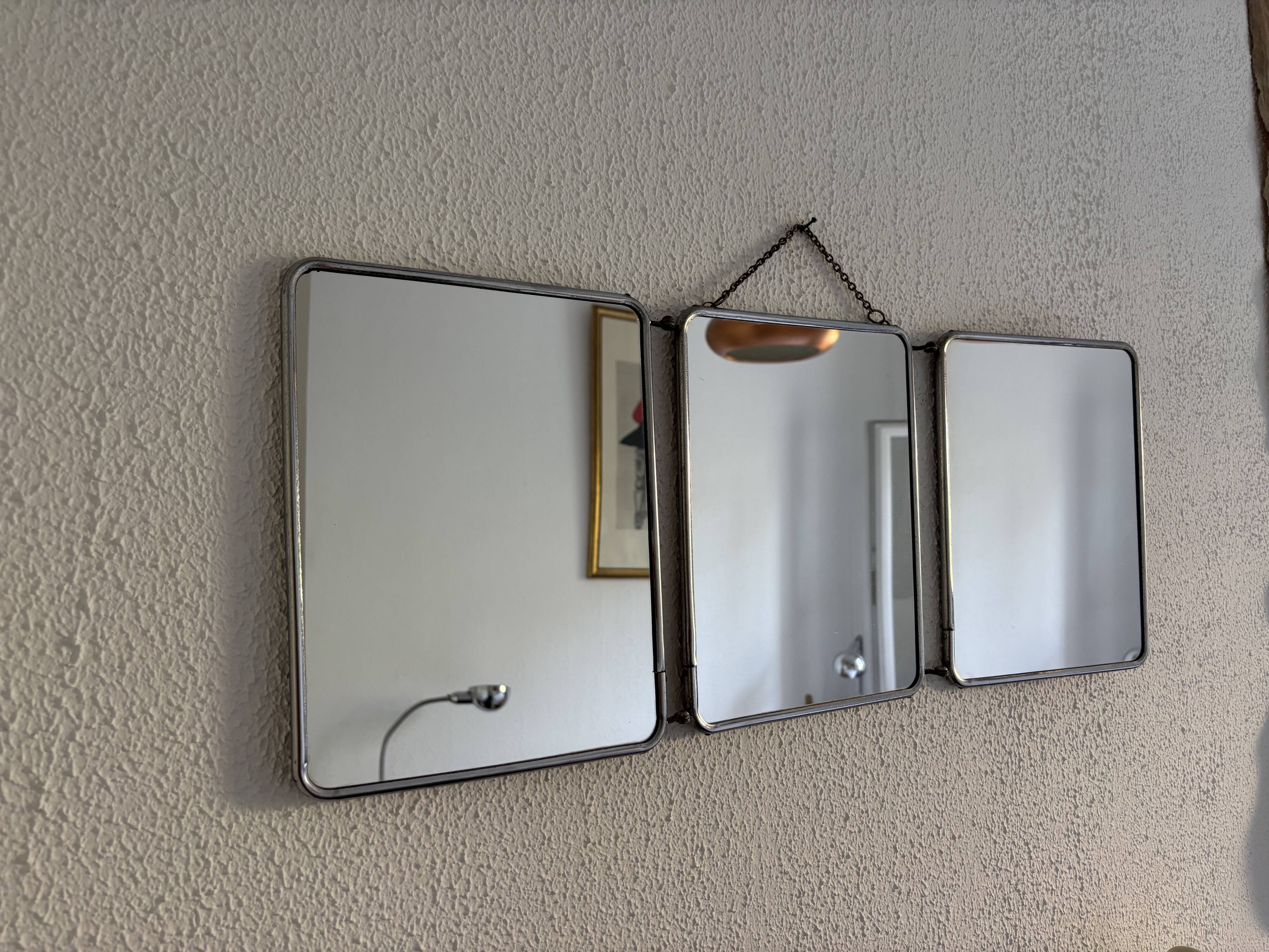 Miroir vintage 1960 triptyque barbier coiffeuse Arpin grenadine - 27 x 69 c