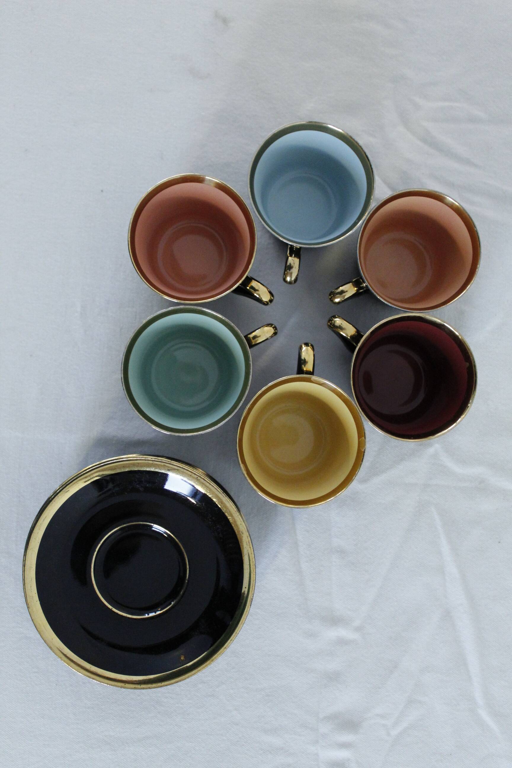 Porcelain coffee set - Porcelac - 6 cups + saucers - black and colors