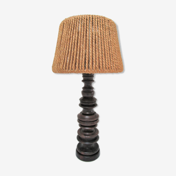 Lampe bois tourné abat-jour corde vintage