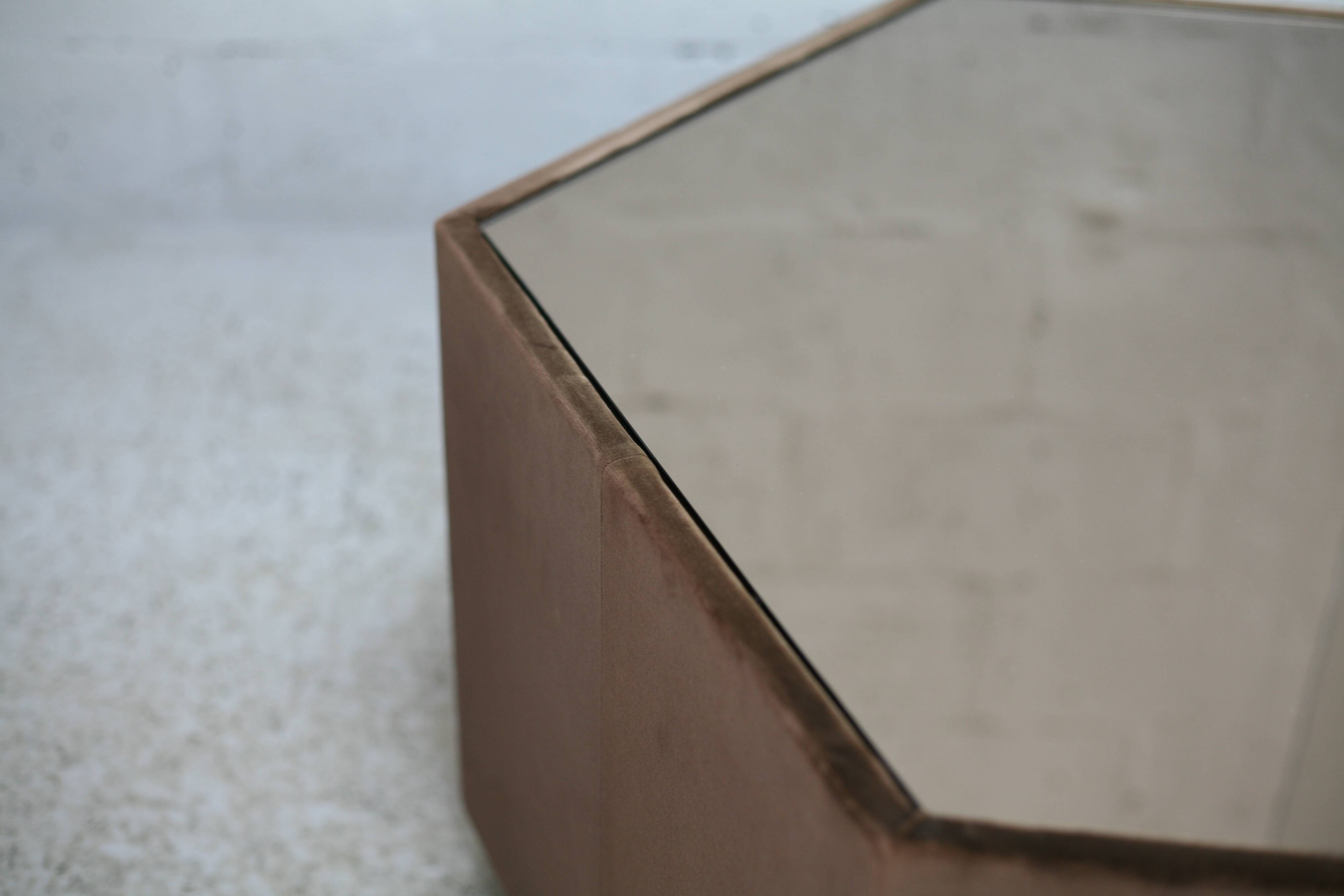 Space age table, hexagonal. Wood, velvet and smoked mirror. Circa 1970