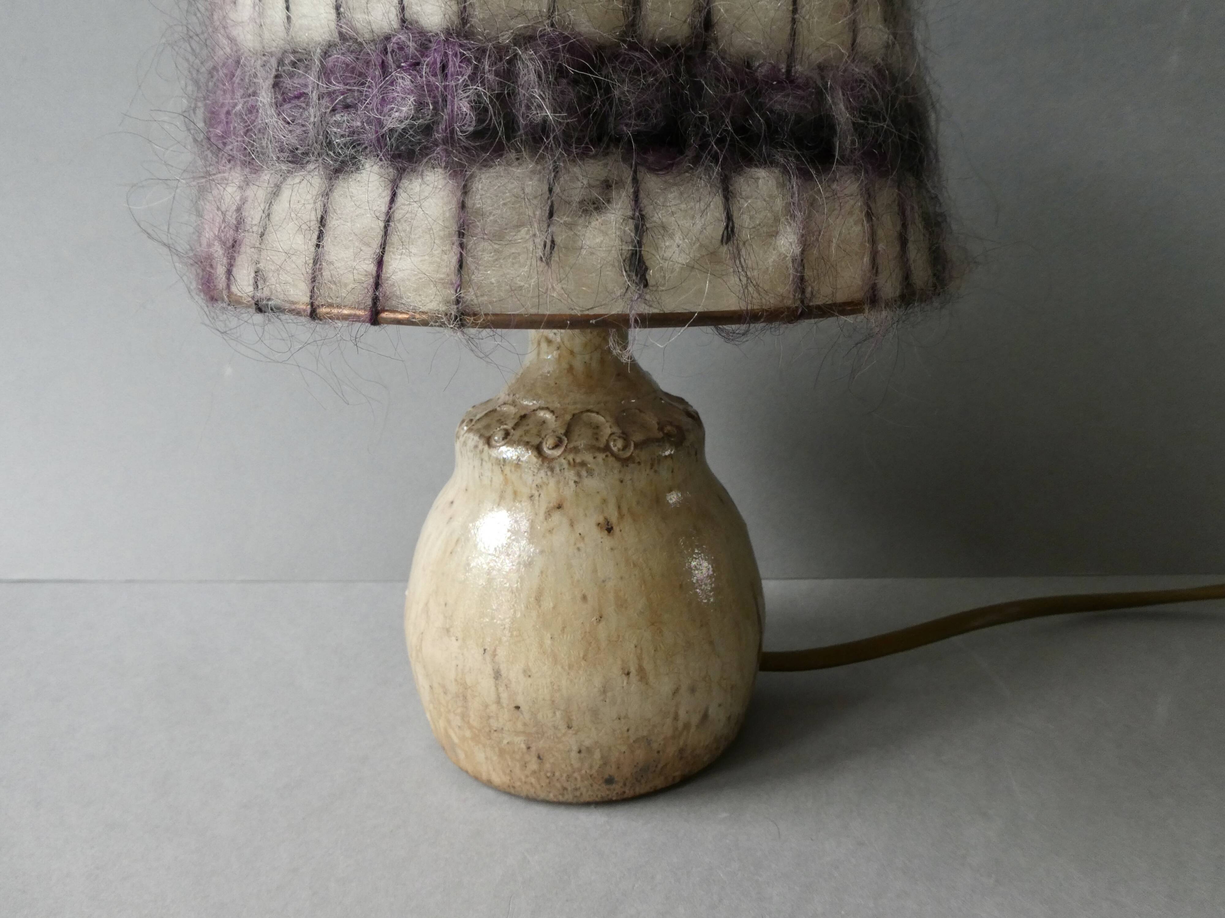 Sandstone lamp with its original wool lampshade, 1970s