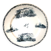 Plat de service rond ,terre de fer, Creil et Monterau , blanc et bleu marin