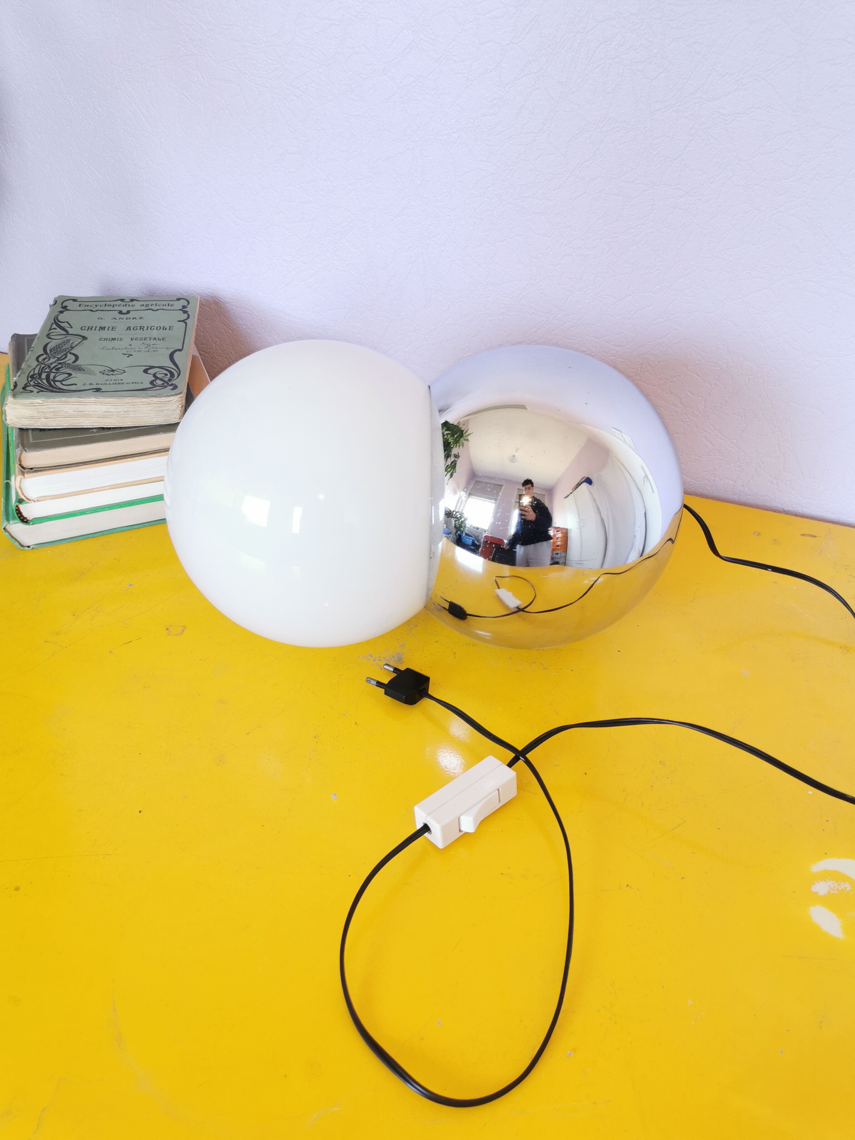 Lamp molecule, two balls, globe in opaline and stainless steel, 1970