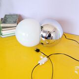 Lamp molecule, two balls, globe in opaline and stainless steel, 1970