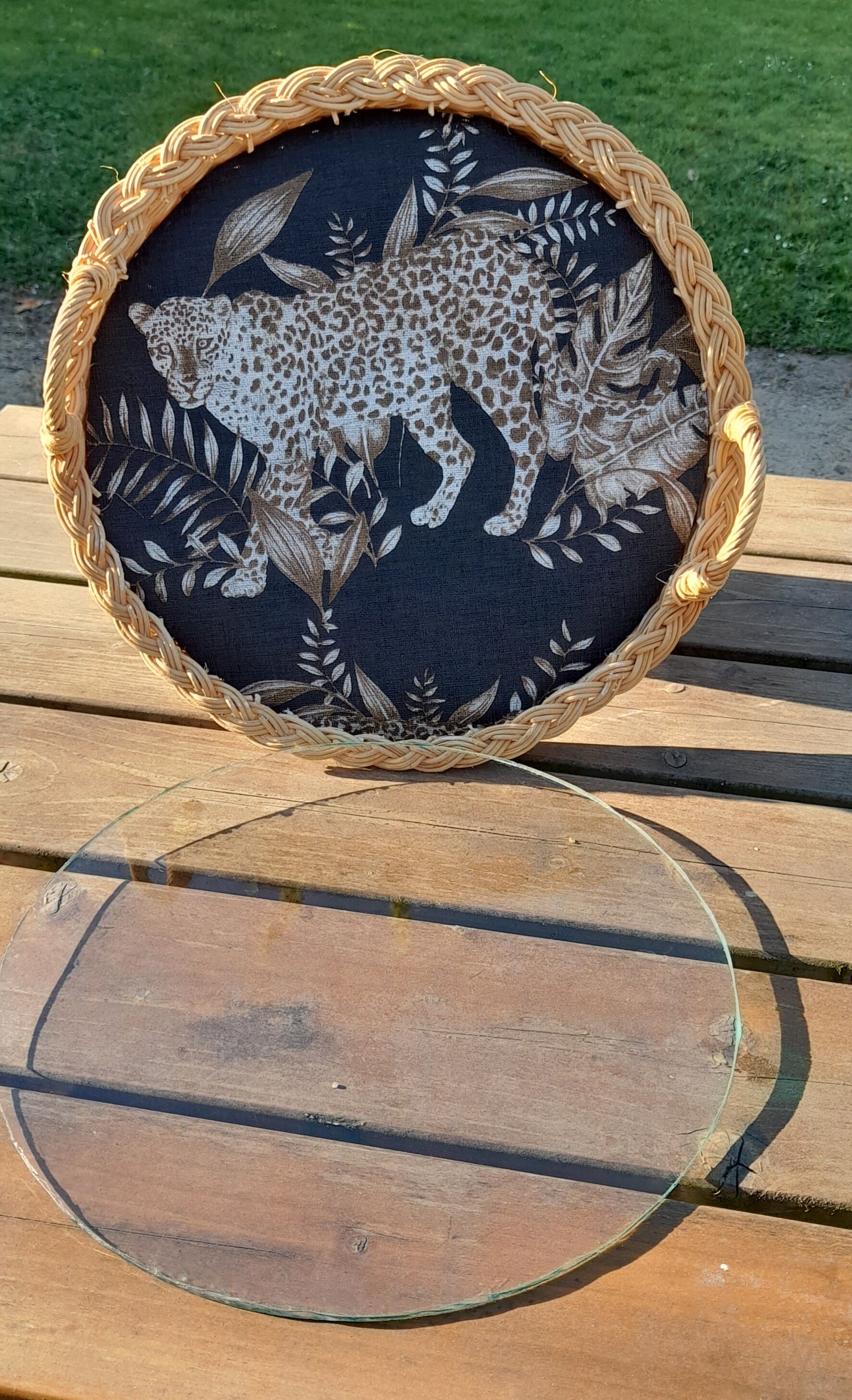 Vintage rattan tray, 2 handles, and glass top