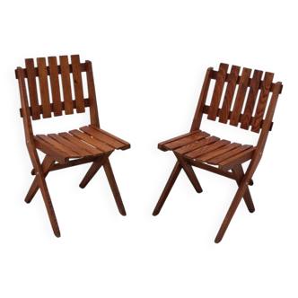 Pair of dejou chairs in solid pine, france 1950